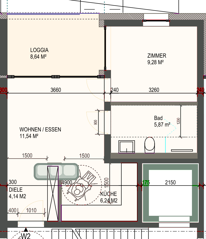 Wohnung 02: hochauflösender Bauplan mit unveränderter Raumaufteilung und beispielhafter Möblierung