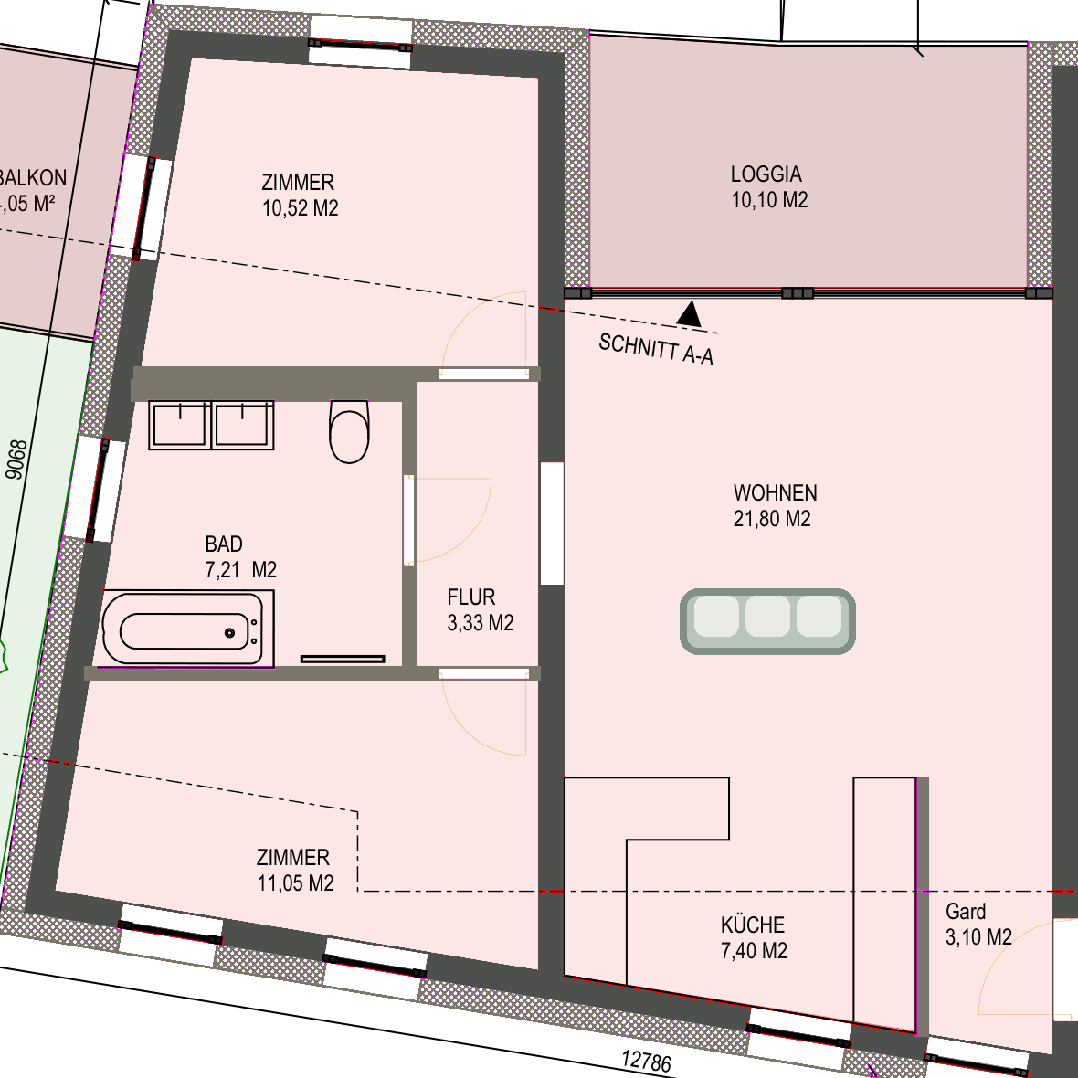 Wohnung 04: hochauflösender Bauplan mit unveränderter Raumaufteilung und beispielhafter Möblierung