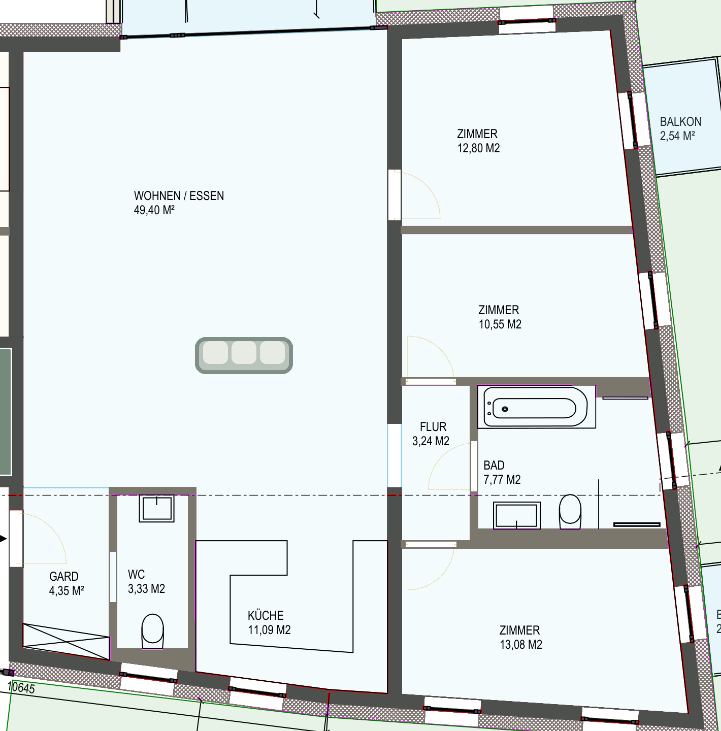 Wohnung 06: hochauflösender Bauplan mit unveränderter Raumaufteilung und beispielhafter Möblierung