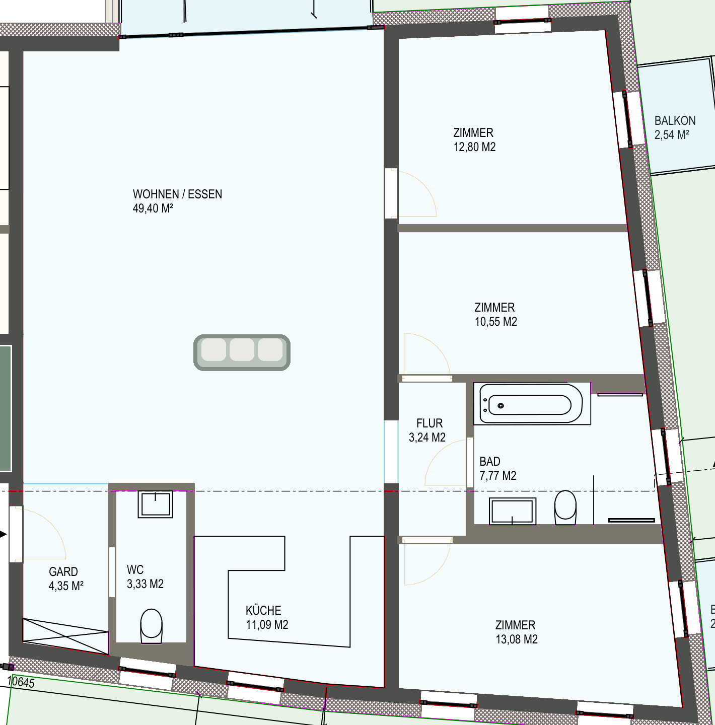 Wohnung 09: hochauflösender Bauplan mit unveränderter Raumaufteilung und beispielhafter Möblierung